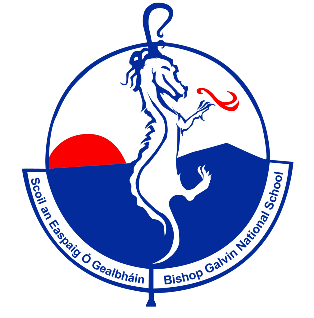 Logo for Bishop Galvin National School featuring a blue horse inside a circular emblem with a red sun and blue banner text around the edge.