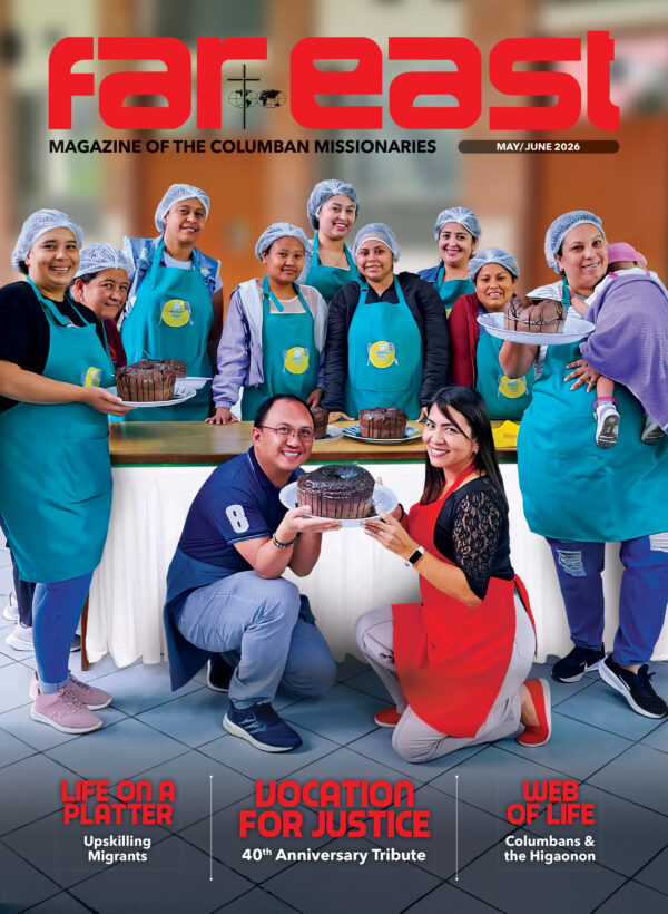 Cover image for Far East magazine (May/June 2026) showing a diverse group of cooks in teal aprons presenting chocolate cakes at a table.