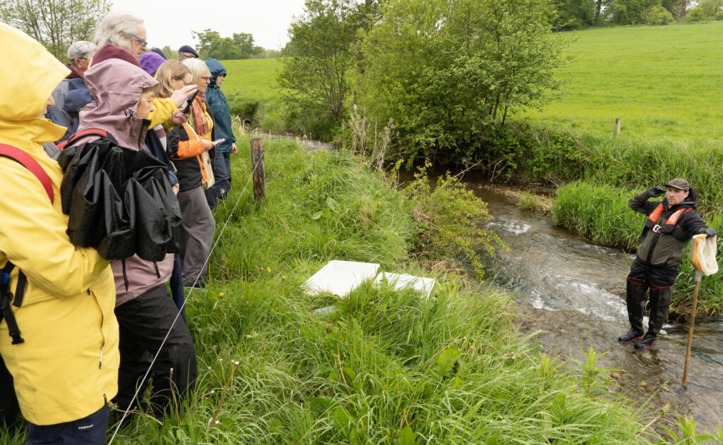 Group of people in bright rain jackets and backpacks standing along a grassy riverbank, watching a man in a life vest standing in the shallow stream.