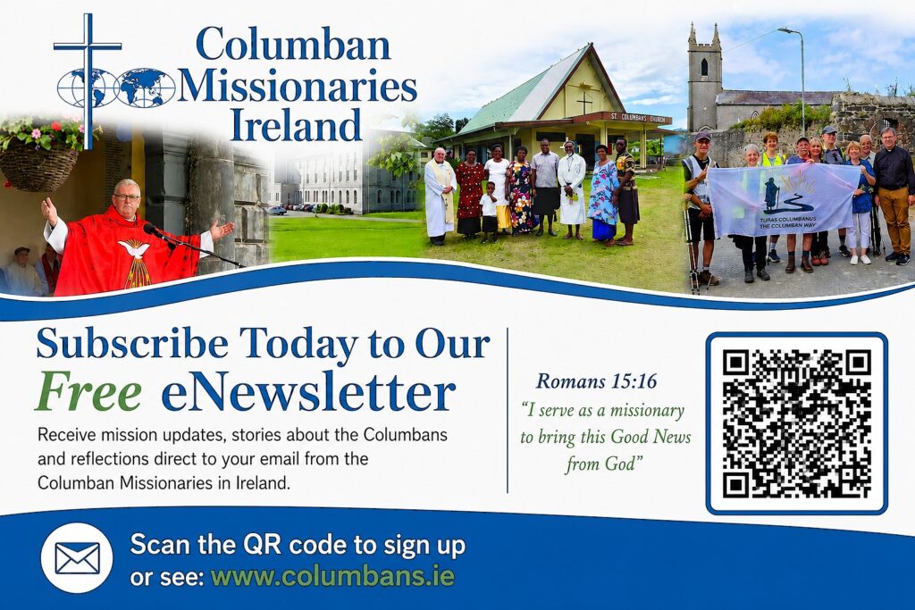 Banner for Columban Missionaries Ireland showing a diverse group outdoors, with a newsletter signup prompt and a large QR code on the right.