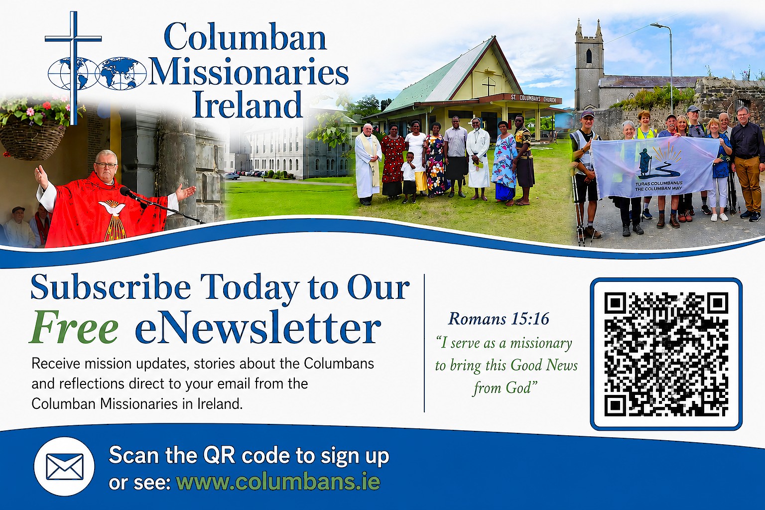Banner for Columban Missionaries Ireland showing a diverse group outdoors, with a newsletter signup prompt and a large QR code on the right.