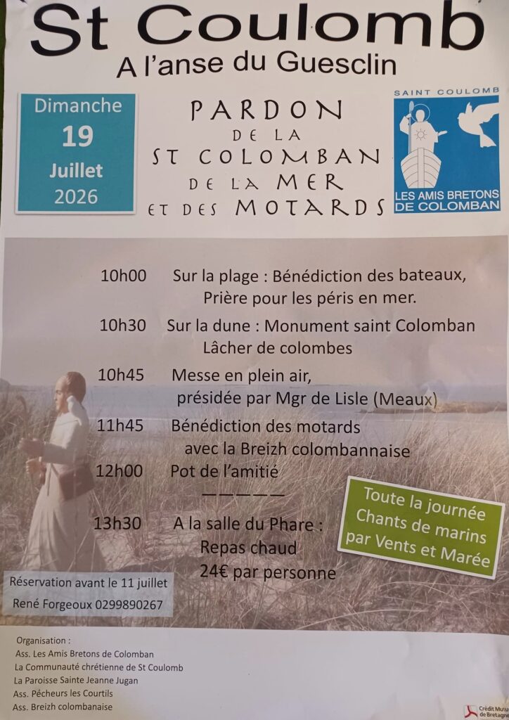 Poster for the Pardon de la Saint-Colomban in Saint-Coulomb, with logos, date Dimanche 19 Juillet 2026 and a timetable of activities.