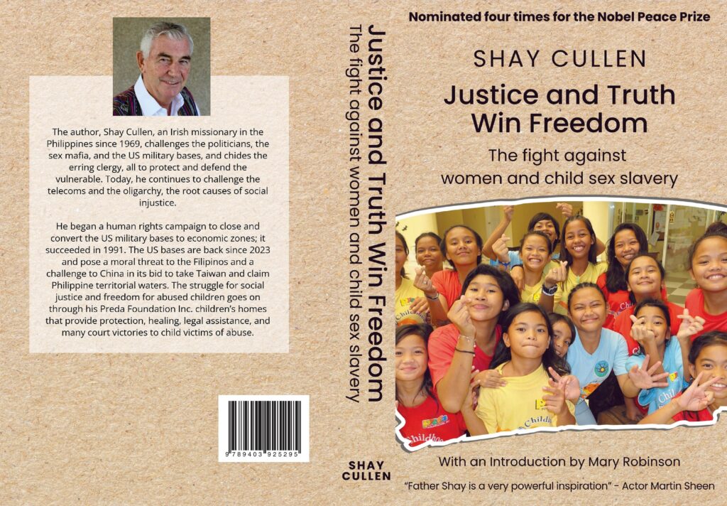 Book cover for 'Justice and Truth Win Freedom' by Shay Cullen, showing smiling children on the right and a cork-textured background.