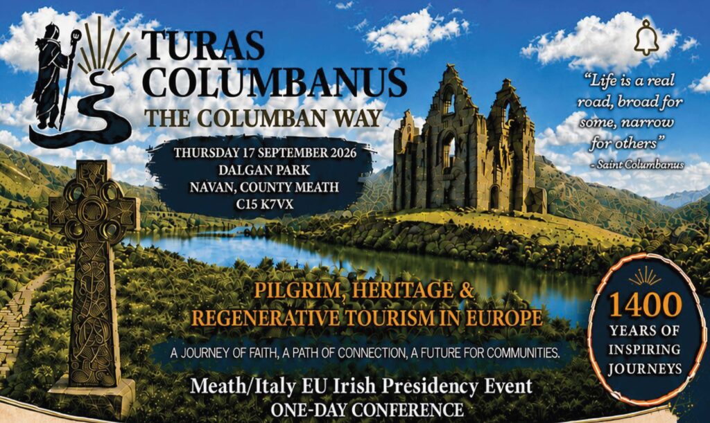 Promotional banner for Turas Columbanus: The Columban Way with ruins, blue sky, and landscape; features event date and location (Dalgan Park).