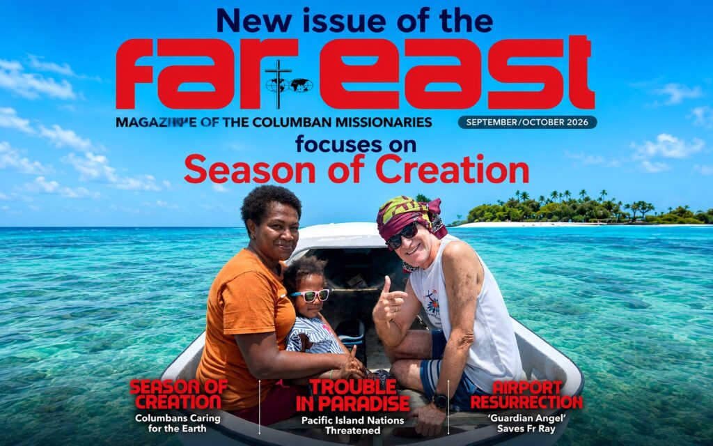 Cover of Feast magazine showing three people in a small boat on clear turquoise water with a tropical island in the background; headline reads 'Season of Creation'.