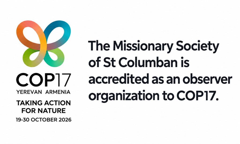 COP17 logo with a colorful looping emblem and text about The Missionary Society of St Columban accredited as an observer to COP17 in Yerevan, Armenia (Oct 19–30, 2026).