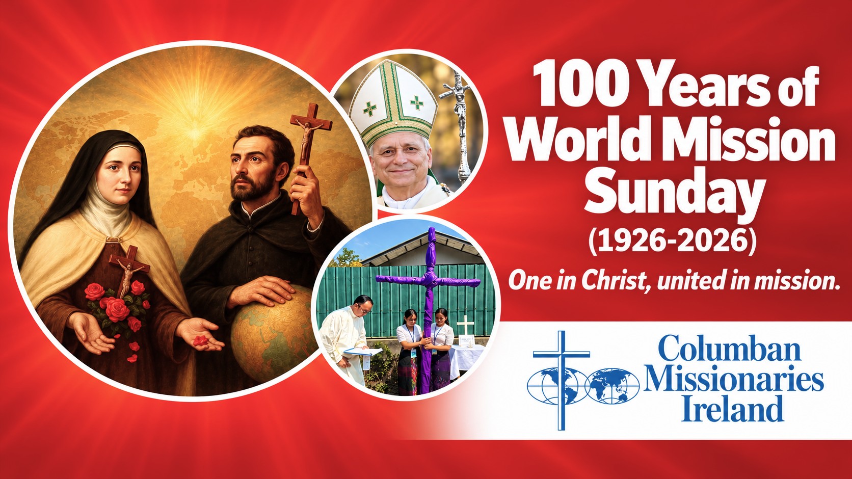 Banner celebrating 100 Years of World Mission Sunday (1926-2026) with Catholic icons and the Columban Missionaries Ireland logo on a red background, featuring religious imagery and text.